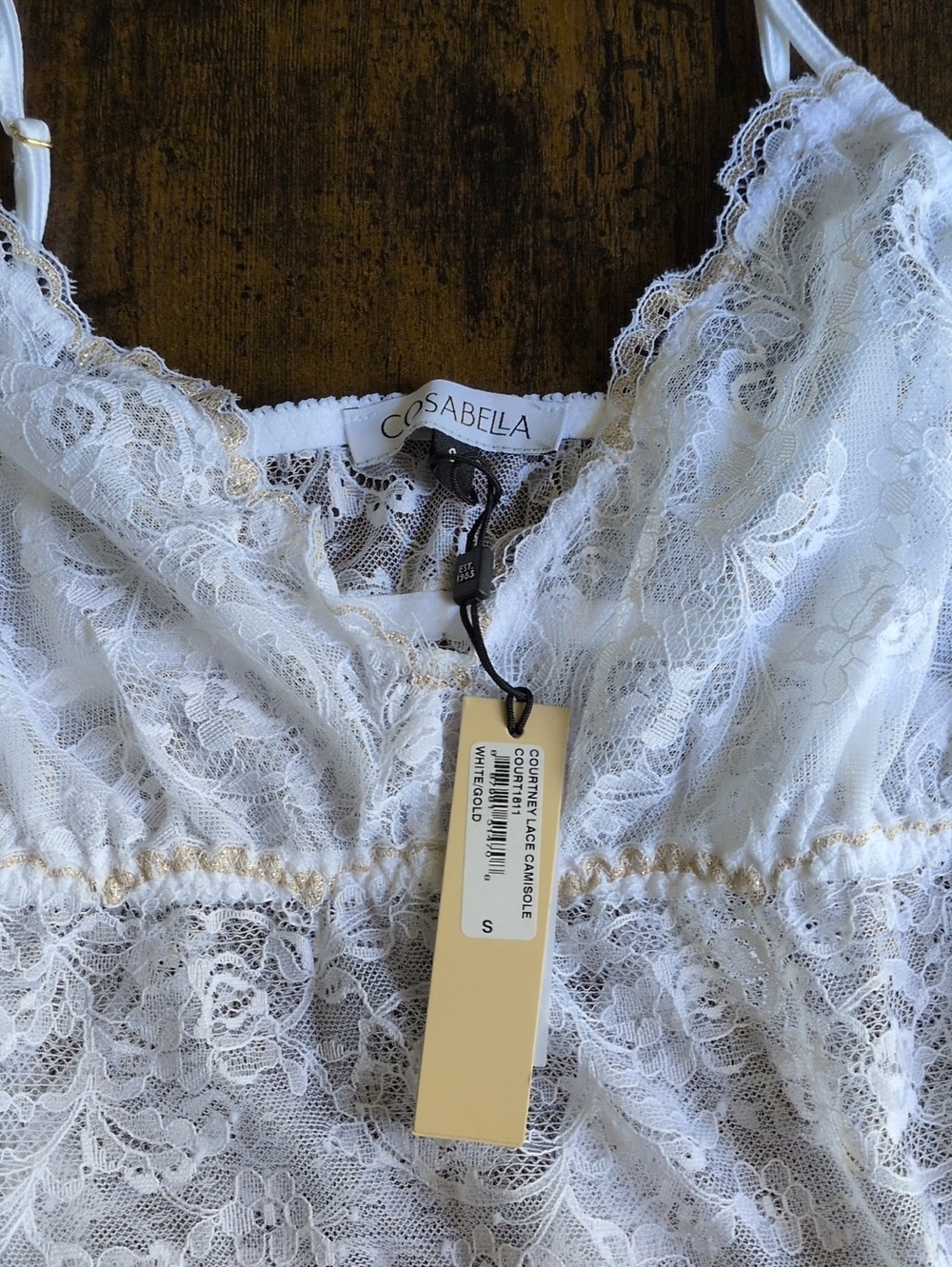 Cosabella White Lace Chemise with Gold Trim.  Small